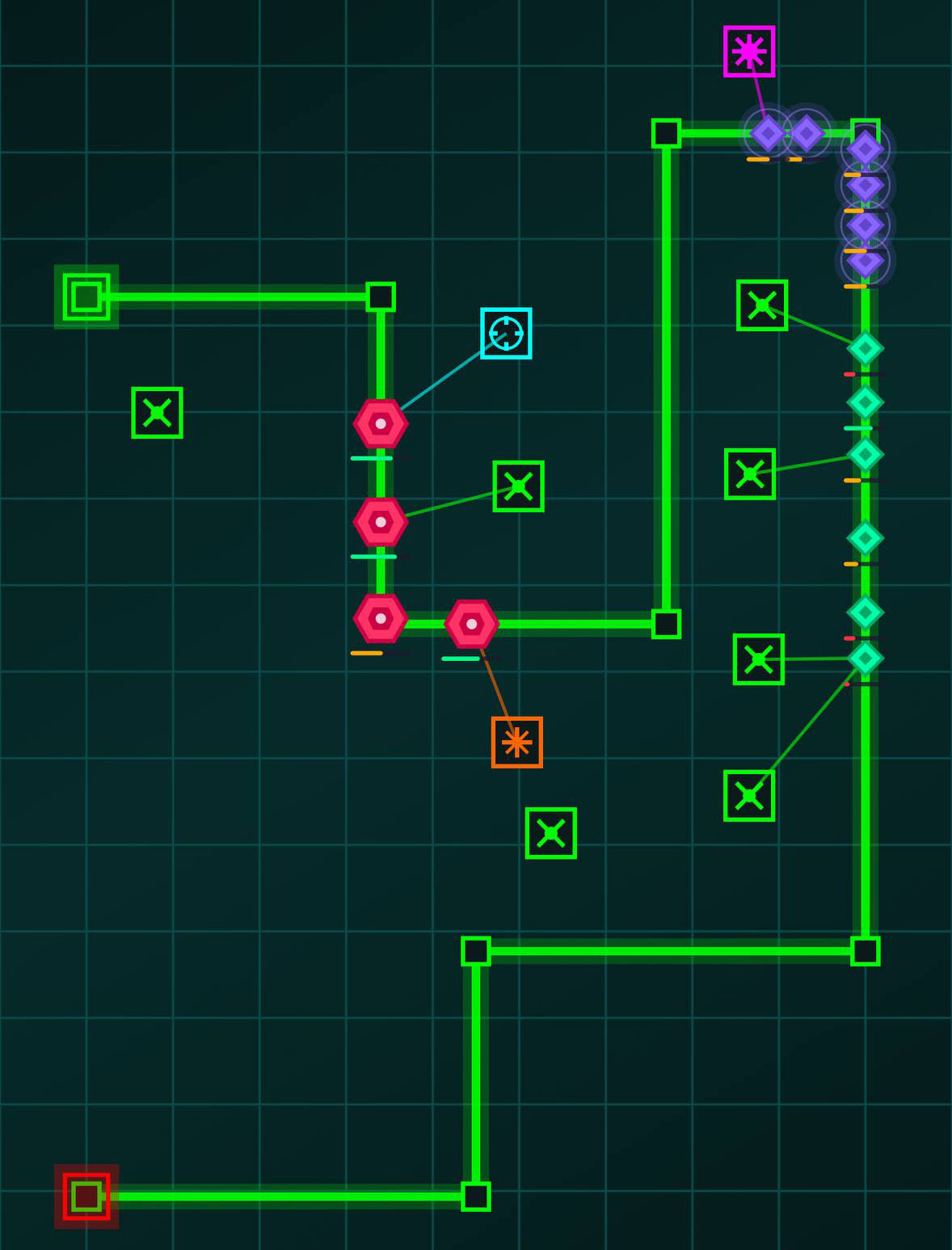 Line Rush gameplay screenshot showing tower defense mechanics, enemy waves, and strategic tower placement on iOS